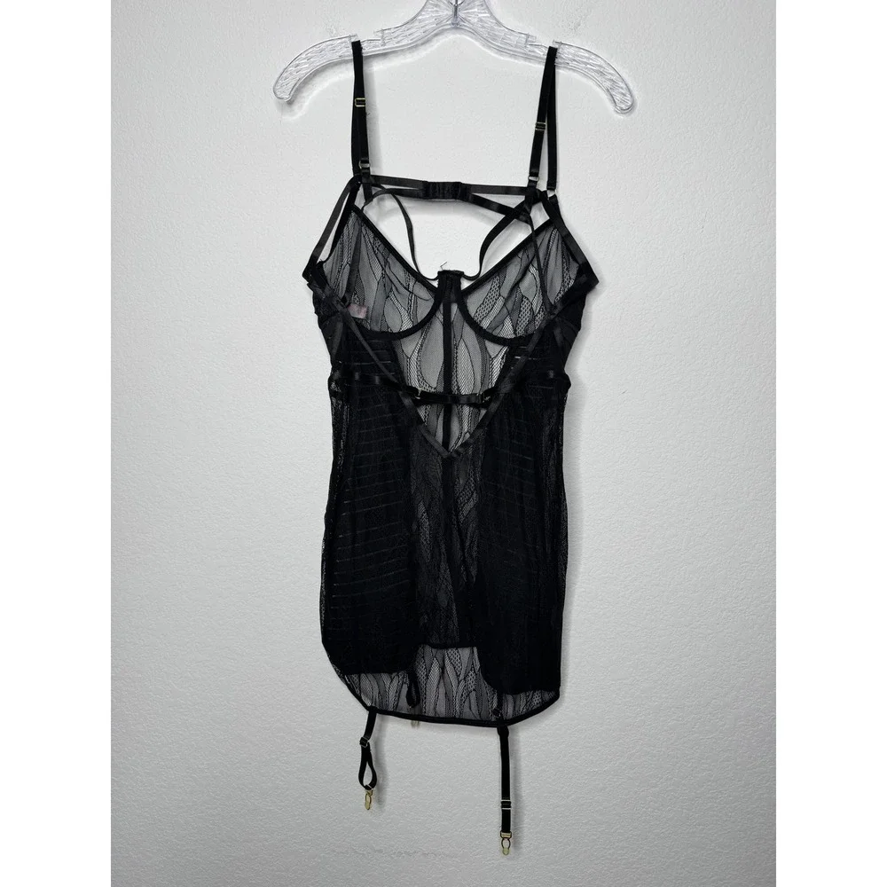 Dreamgirl Black Lace Mesh Underwire‎ Chemise Dress Garter Lingerie Womens Size L